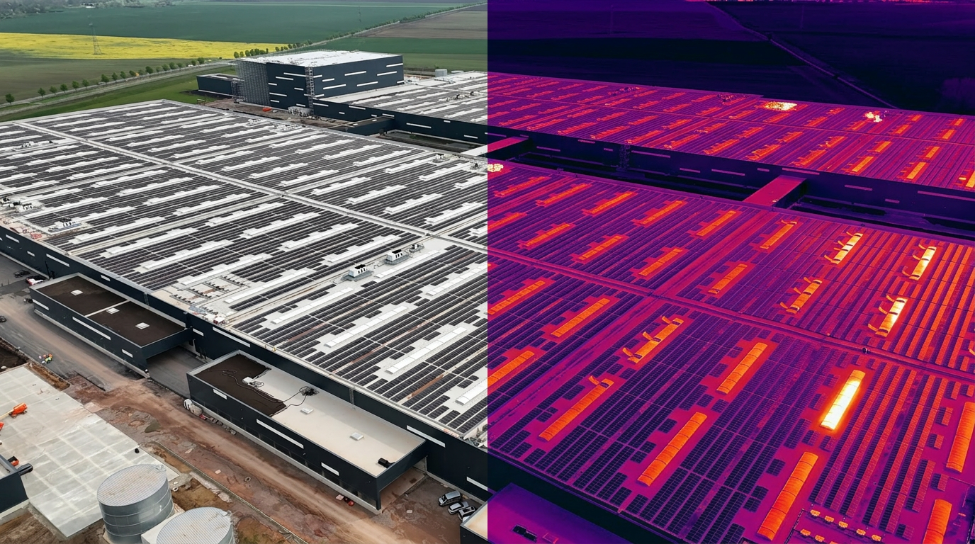 Drone inspecting an industrial roof at sunset